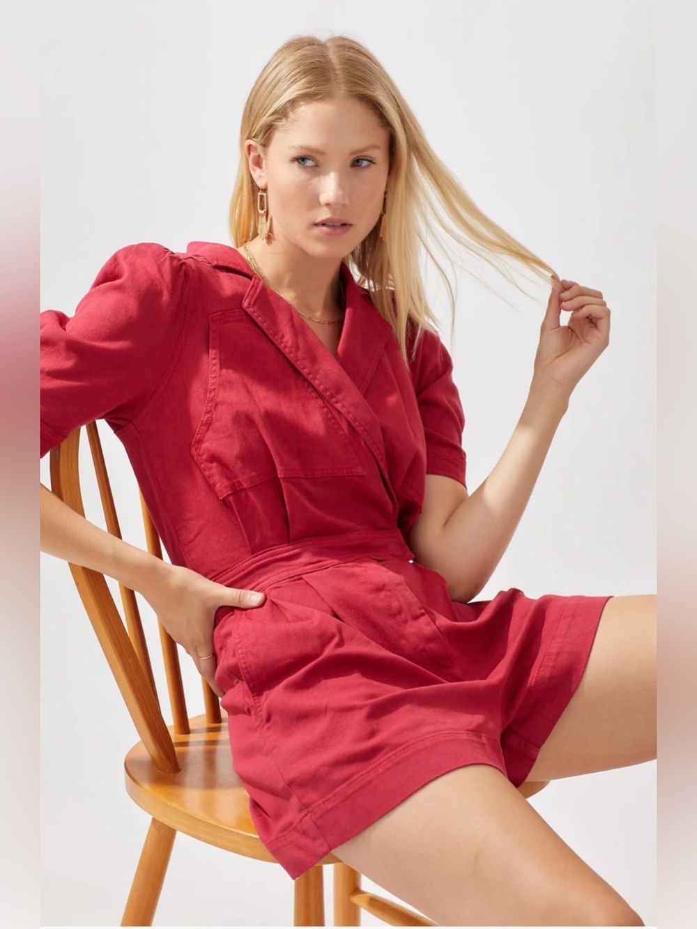 NWT Day + Moon Denim Romper M Crimson Puff Sleeve Collared Shorts Game Day